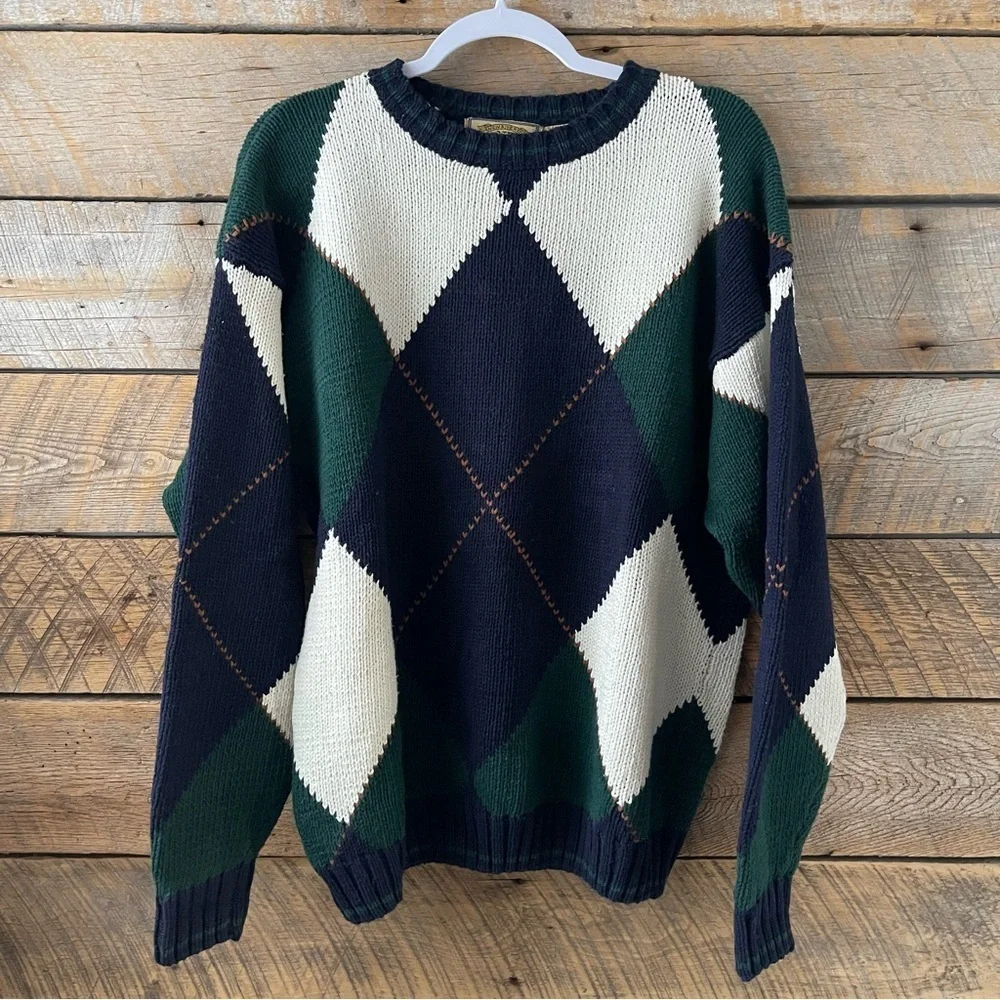 Vintage New River Co 90s Sweater Mens XL X-Large Blue Green Argyle Knit Chunky